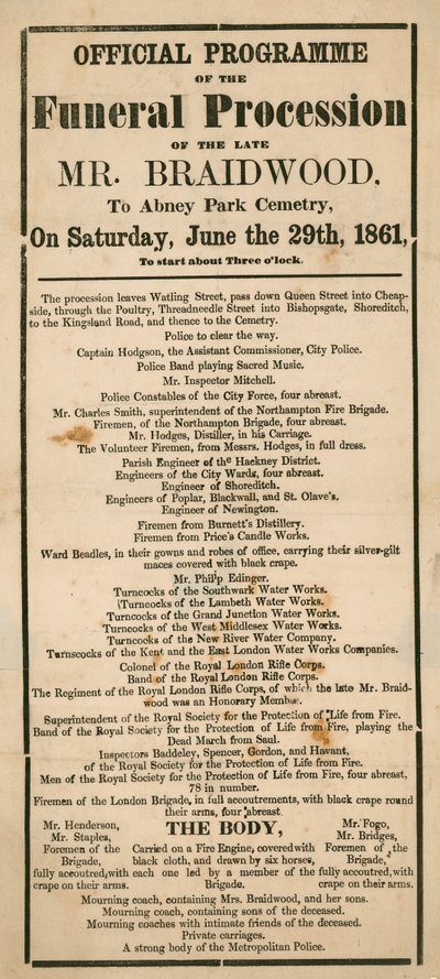 The official programme of the funeral procession of the late Mr Braidwood, Superintendent of the London Fire Brigade by English School