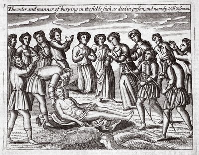 The order and manner of burying in the fields such as died in prison, and namely, Will Wiseman, illustration from Acts and Monuments by John Foxe, ninth edition, published 1684 by English School