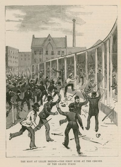 The Riot at Lillie Bridge, London: The First Rush at the Corner of the Grand Stand by English School