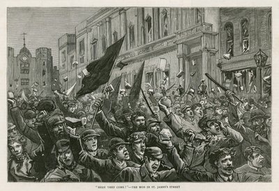 The Rioting in the West End of London, 8 February 1886: Here They Come! - The Mob in St Jamess Street, London by English School