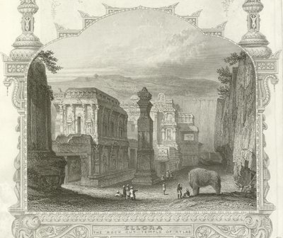 The rock cut Temple of Kailah, Ellora, India by English School
