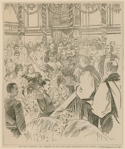 The royal wedding, the ceremony at the altar rails, Buckingham Palace Chapel, 23 July 1896 by English School