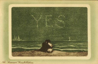The summer constellations: lovers on a beach at night looking at the stars by English School