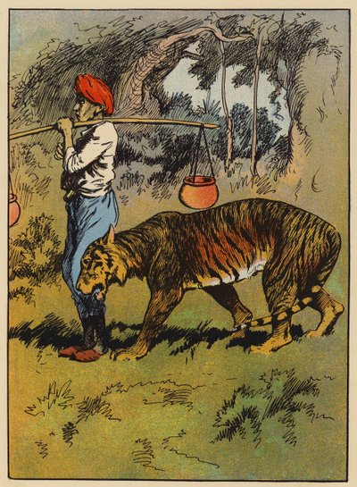 The tiger rubs himself against the man