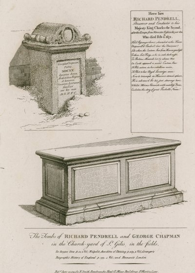 The tombs of Richard Pendrell and George Chapman in the churchyard of St Giles in the Fields, London by English School