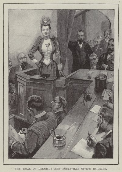 The trial of Deeming, Miss Rounsville giving evidence (engraving) by English School