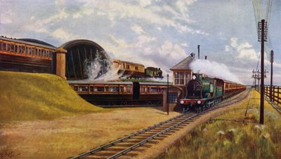 Three London and South Western Railway express trains at Battledown Junction, Hampshire by English School