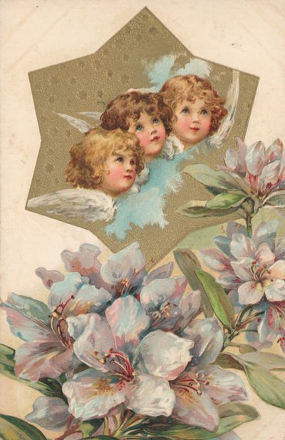 Three Cherubs in an Image Decorated with Flowers by English School