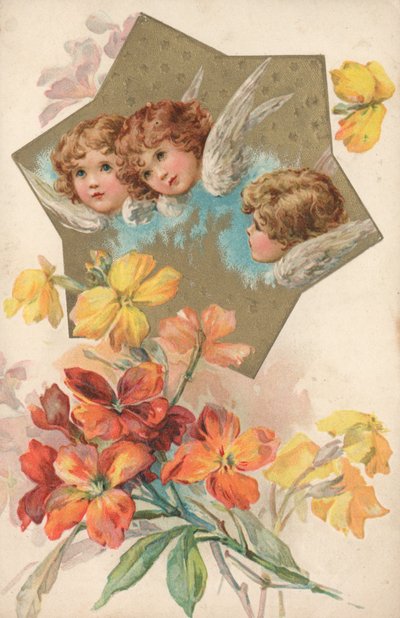 Three Cherubs in an Image Decorated with Flowers by English School