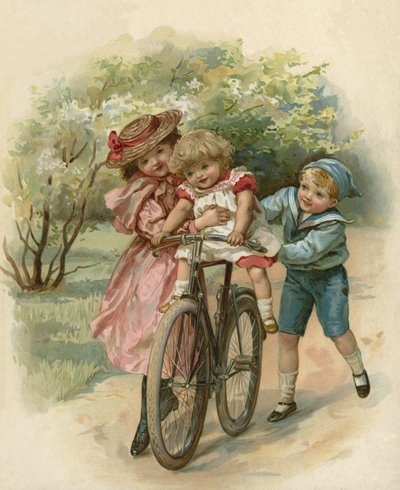 Three Children Playing with a Bicycle by English School