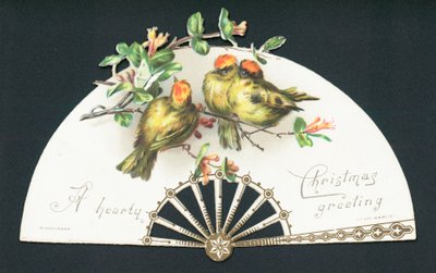 Three little birds sitting on fan by English School