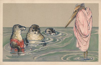 Three Seals Watching a Pelican Which Is Draped in a Towel by English School