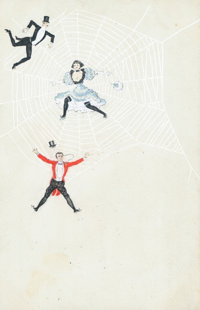Three well-dressed people caught in a spiders web by English School