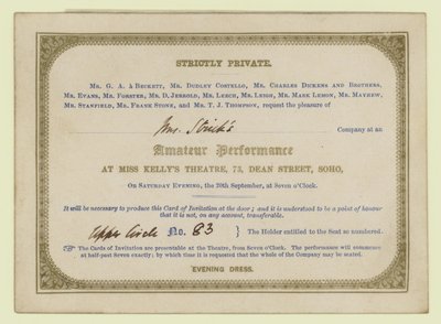 Ticket for Charles Dickens Amateur Dramatic Performance, 1845 by English School