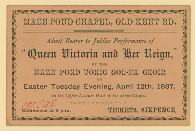 Ticket for a performance of Queen Victoria and Her Reign by English School