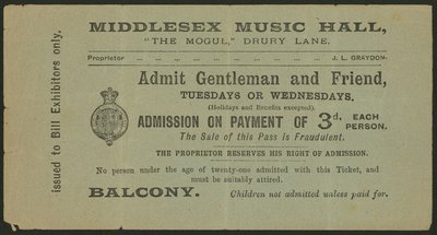 Ticket for the Middlesex Music Hall, The Mogul, Drury Lane, London by English School