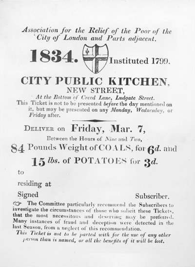 Ticket issued to the poor to receive coal and potatoes from the City public Kitchen, New Street, London, 1834 by English School