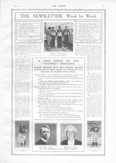 Timeline of events and articles about the sinking of the Titanic, from The Sphere, 27 April 1912 by English School