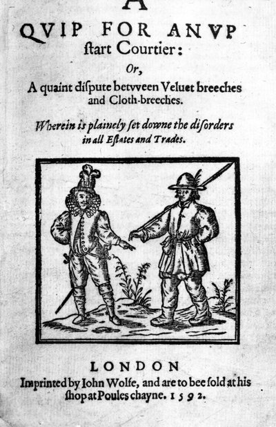 Title Page for A Quip for an Upstart Courtier: or, A quaint dispute between Velvet breeches and Cloth breeches by Robert Greene, published 1592 by English School