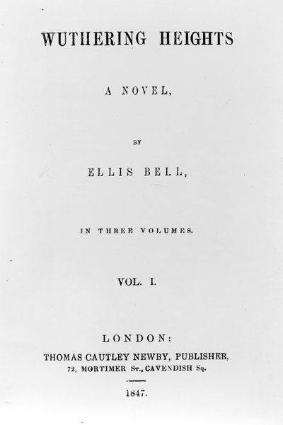 Title Page for the first edition of Wuthering Heights by Ellis Bell (pseudonym of Emily Bronte), published 1847 by English School