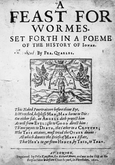 Title page to A Feast for Worms, set forth in a Poem of the History of Jonah by Francis Quarles, 1620 by English School