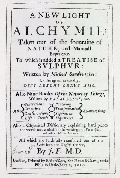 Title page to the English edition of A New Light on Alchemy by Michal Sedziwoj, 1650 by English School