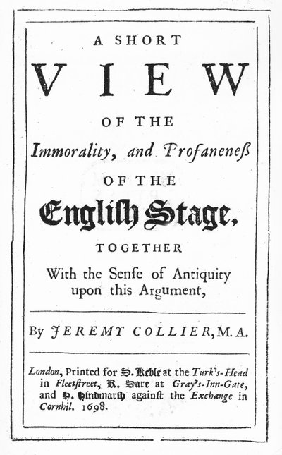 Titlepage to A Short View of the Immorality and Profaneness of the English Stage by Jeremy Collier, 1698 by English School