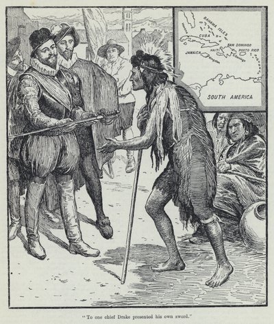 To one chief Drake presented his own sword by English School
