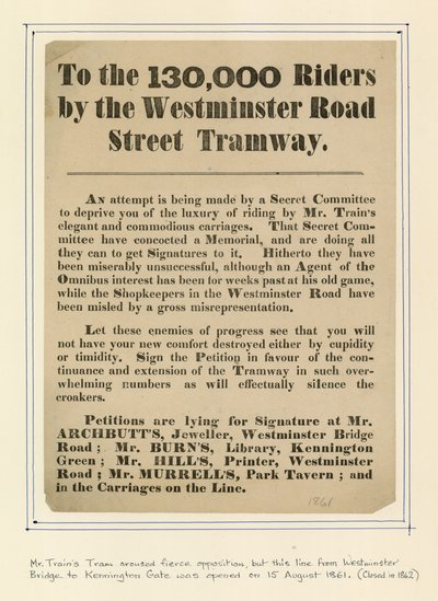 To the 130,000 Riders by the Westminster Road Street Tramway by English School