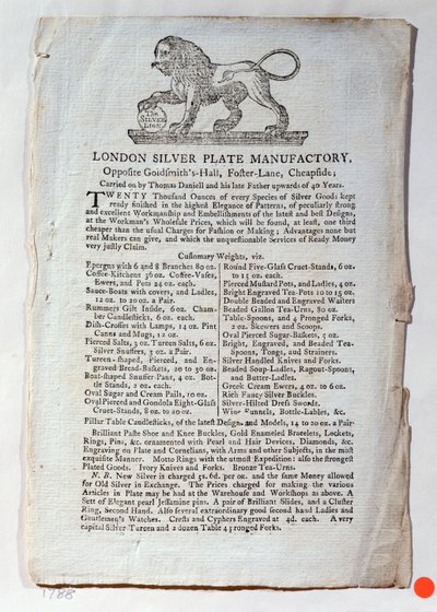 Trade card for the London Silver Plate Manufactory by English School