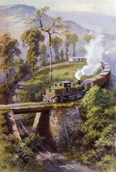 Train rounding Agony Point, a loop on the Darjeeling Himalayan Railway, India by English School