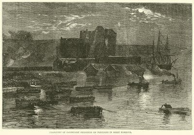 Transport of Communist prisoners on pontoons in Brest Harbour, 1871 by English School