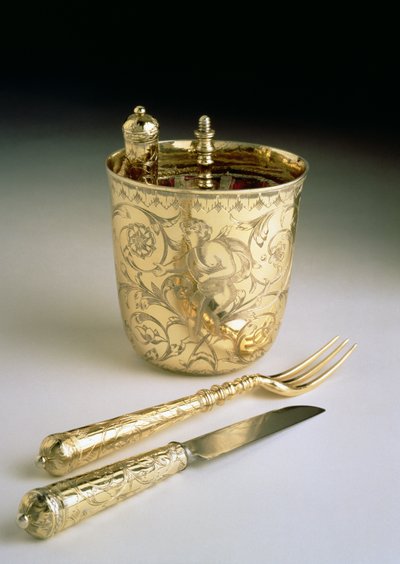 Travelling set of a knife, fork, spoon and beaker by English School