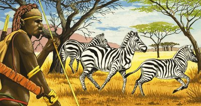 Tribesman and Zebras by English School