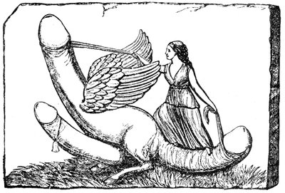 Triple phallus with wings, legs of a dog and a female figure dressed in the Roman stola holding reins, bas-relief sculpture from Nimes in France by English School