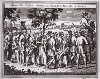 Twenty-two prisoners brought in one band from Colchester to London, illustration from Foxe