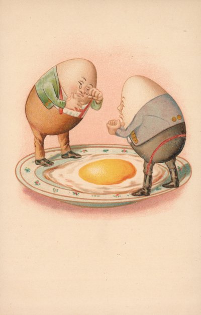 Two Eggs Crying Over a Broken Egg in a Saucer by English School