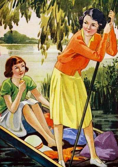 Two Girls Punting on a River by English School