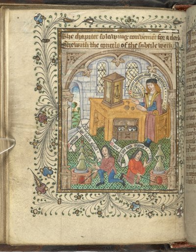 Two men tending furnaces and a robed scholar, perhaps, Norton, with alembics, from 