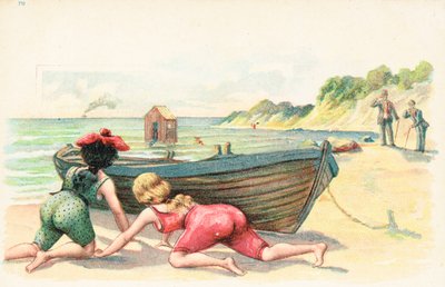 Two women in bathing costumes take cover behind a row boat by English School
