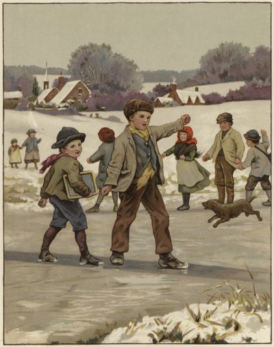Two Young Boys Skating on a Frozen Lake by English School