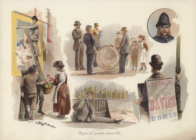 Types of London street life: posterman, flower seller, musicians, beggar, sandwich man, policeman by English School
