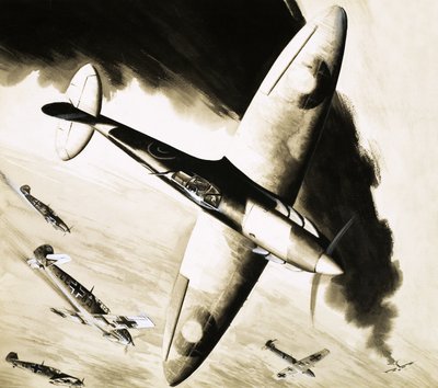 Unidentified Spitfire in Dogfight with German Fighters by English School