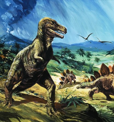 Unidentified Dinosaur Scene with T-Rex and Stegosaurus by English School