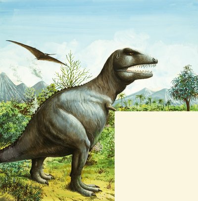 Unidentified dinosaur scene with T Rex and Pterodactyl by English School