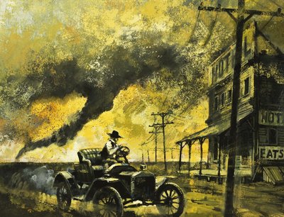 Unidentified driver of car with tornado in background by English School