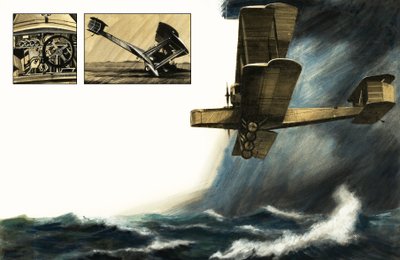 Unidentified Early Biplane Flying Over Stormy Seas by English School
