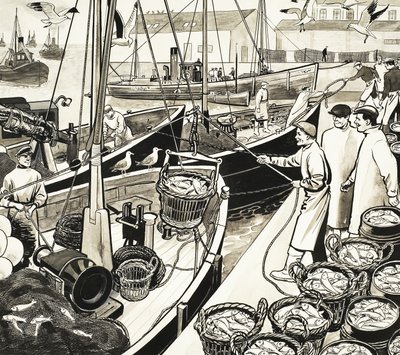 Unidentified fishing port with fish on quayside by English School
