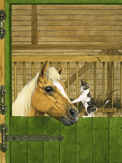 Unidentified Horse and Playful Kitten by English School