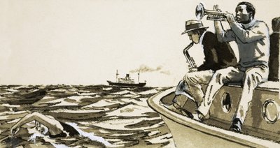 Unidentified jazz players on a boat by English School